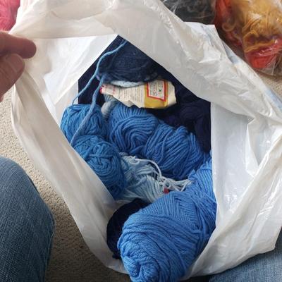 Two Tubs of Yarn and Knitting Supplies