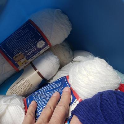 Two Tubs of Yarn and Knitting Supplies