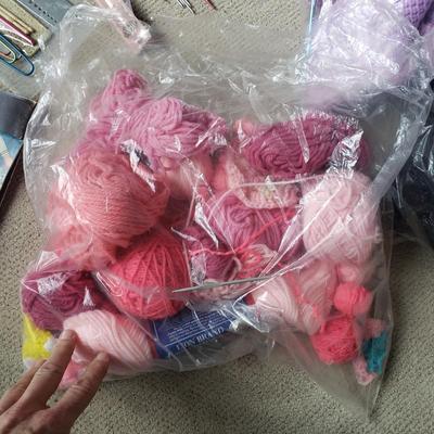 Two Tubs of Yarn and Knitting Supplies