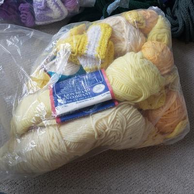 Two Tubs of Yarn and Knitting Supplies