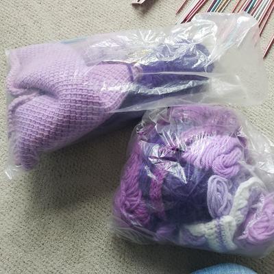 Two Tubs of Yarn and Knitting Supplies