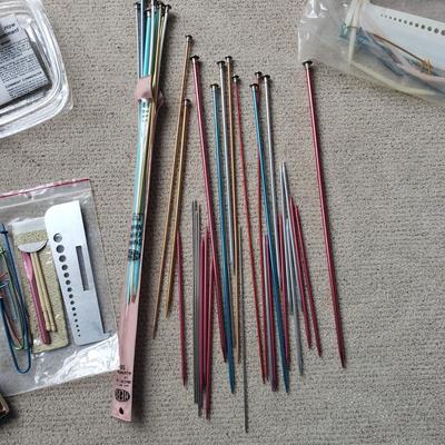 Two Tubs of Yarn and Knitting Supplies