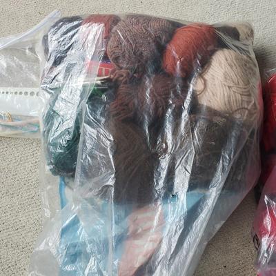 Two Tubs of Yarn and Knitting Supplies