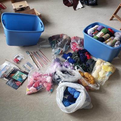 Two Tubs of Yarn and Knitting Supplies