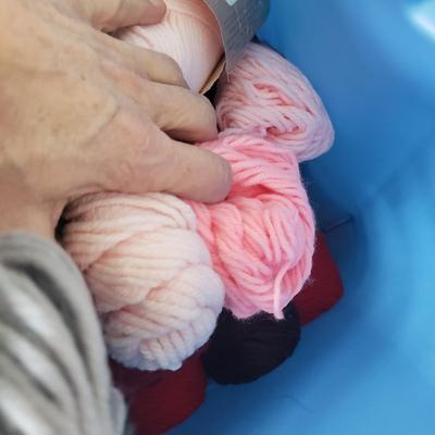 Two Tubs of Yarn and Knitting Supplies