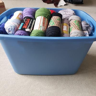Two Tubs of Yarn and Knitting Supplies