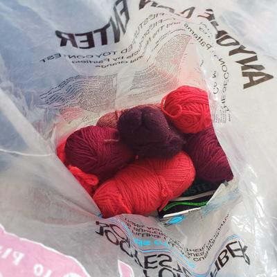 Two Tubs of Yarn and Knitting Supplies