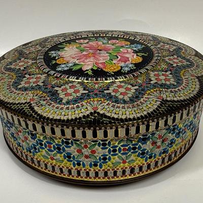 Vintage Floral Mosaic 8” Round Tin Storage Box Made in England