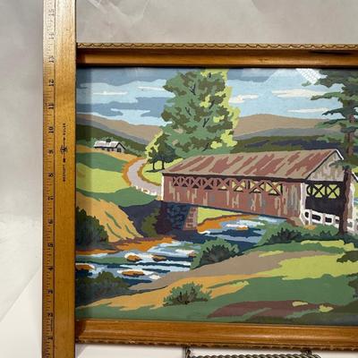 Vintage 1957 Paint-By-Number Covered Bridge Mountains Creek Framed