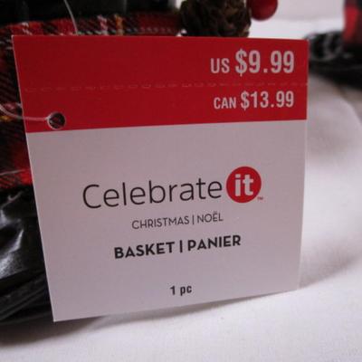 2 hat-style baskets, black with red plaid ribbon