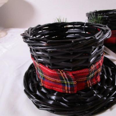 2 hat-style baskets, black with red plaid ribbon