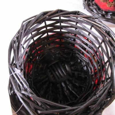 2 hat-style baskets, black with red plaid ribbon
