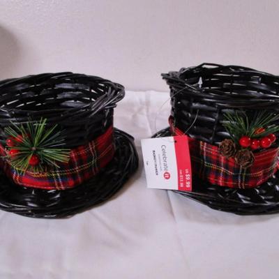 2 hat-style baskets, black with red plaid ribbon