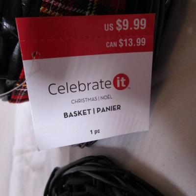 2 hat-style baskets, black with red plaid ribbon