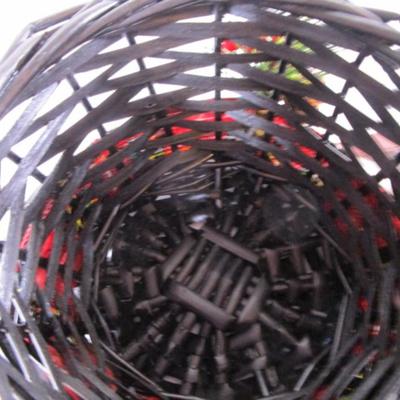 2 hat-style baskets, black with red plaid ribbon