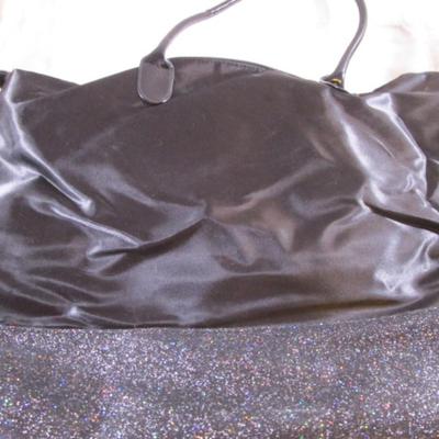 Black tote bag, nylon satin, patent leather handles