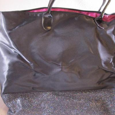 Black tote bag, nylon satin, patent leather handles