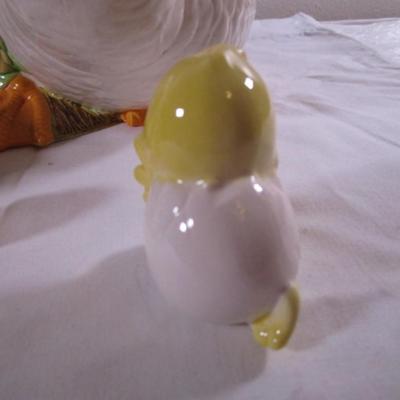 Ceramic duck with basket and bonnet, little duck & chicken & egg