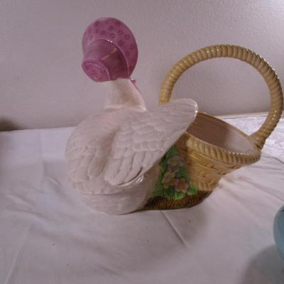 Ceramic duck with basket and bonnet, little duck & chicken & egg