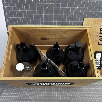6 GLASS 1/2 BEER Bottles in a Wooden Crate