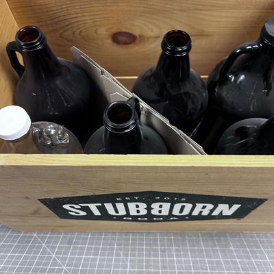 6 GLASS 1/2 BEER Bottles in a Wooden Crate