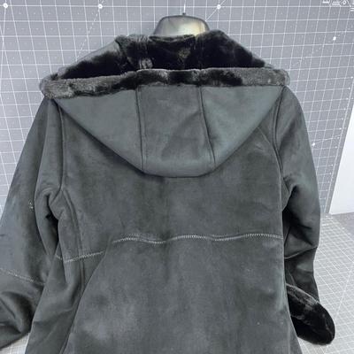 Gallery Women's Black, Faux Fur Lined, Hooded Trench Coat