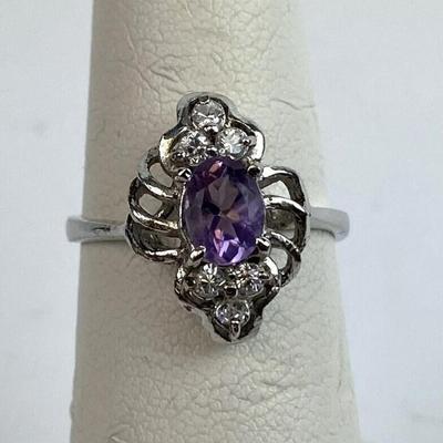STERLING SILVER AMETHYST & WHITE STONE RING SIZE 7.25