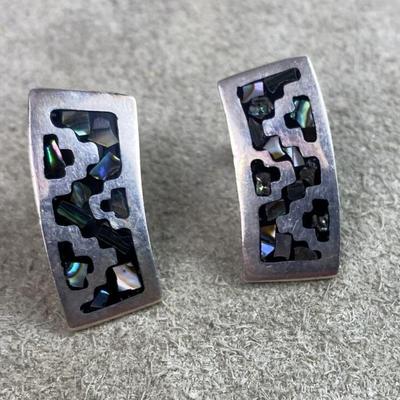 modernist SILVER INLAY EARRINGS ENAMEL ABALONE SHELL TAXCO MEXICO