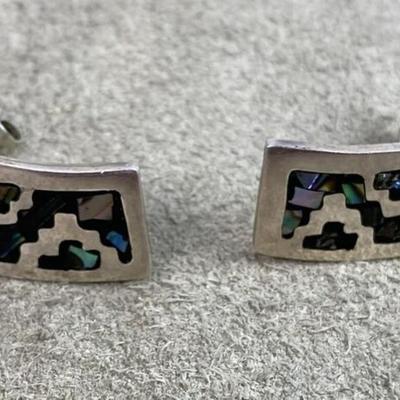 modernist SILVER INLAY EARRINGS ENAMEL ABALONE SHELL TAXCO MEXICO