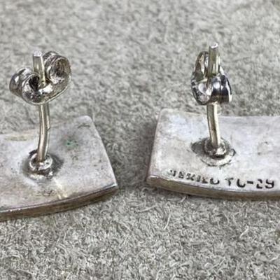 modernist SILVER INLAY EARRINGS ENAMEL ABALONE SHELL TAXCO MEXICO