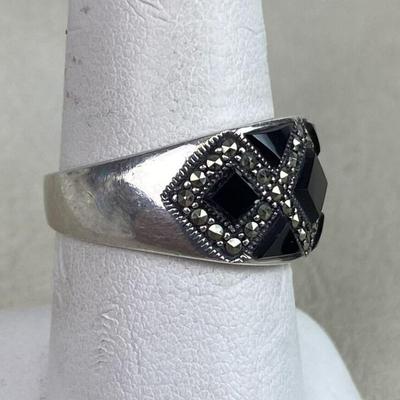 Black Onyx Marcasite Gem Stone Inlay Mosaic Ring Size 9