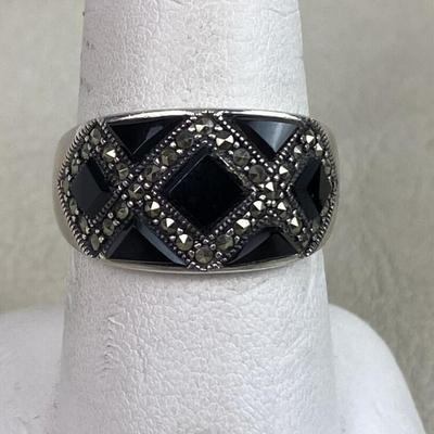 Black Onyx Marcasite Gem Stone Inlay Mosaic Ring Size 9