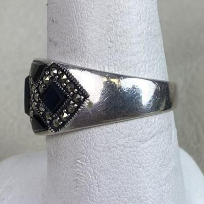 Black Onyx Marcasite Gem Stone Inlay Mosaic Ring Size 9