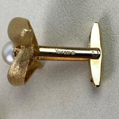 mid century CROWN TRIFARI GOLD PEARL & RHINESTONE CUFFLINKS