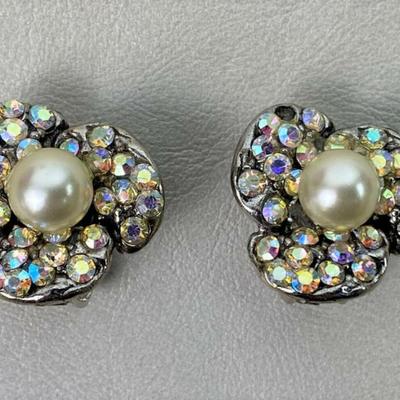 vintage RHINESTONE & PEARL CLIPON EARRINGS