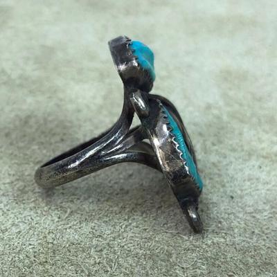 vintage SOUTHWESTERN SILVER & TURQUOISE FEATHER RING 
