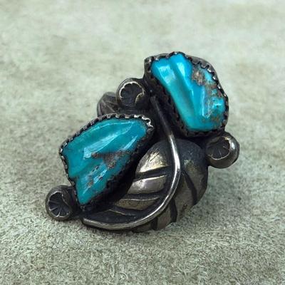 vintage SOUTHWESTERN SILVER & TURQUOISE FEATHER RING 