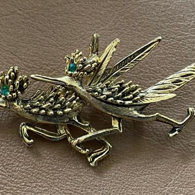 vintage DOUBLE ROADRUNNER PIN BROOCH GOLDTONE & RHINESTONE 