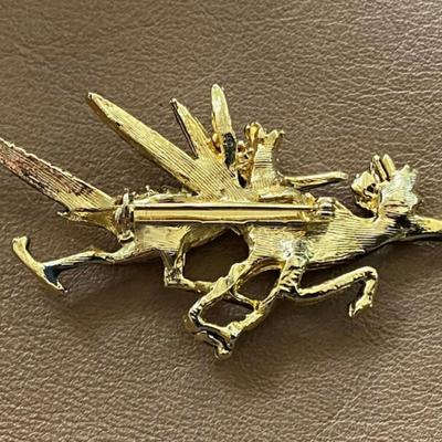 vintage DOUBLE ROADRUNNER PIN BROOCH GOLDTONE & RHINESTONE 