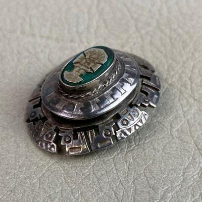 STERLING SILVER & TURQUOISE MESOAMERICAN STYLE PENDANT BROOCH
