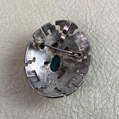 STERLING SILVER & TURQUOISE MESOAMERICAN STYLE PENDANT BROOCH