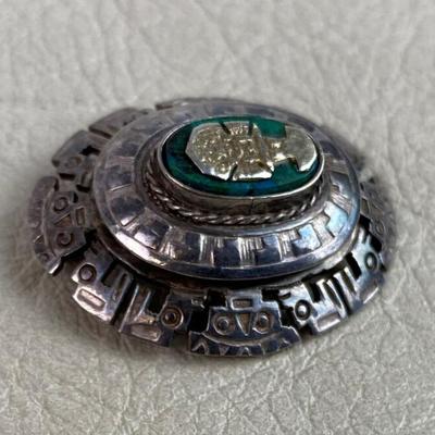 STERLING SILVER & TURQUOISE MESOAMERICAN STYLE PENDANT BROOCH