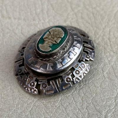 STERLING SILVER & TURQUOISE MESOAMERICAN STYLE PENDANT BROOCH