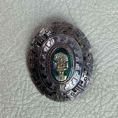 STERLING SILVER & TURQUOISE MESOAMERICAN STYLE PENDANT BROOCH
