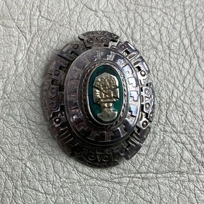 STERLING SILVER & TURQUOISE MESOAMERICAN STYLE PENDANT BROOCH