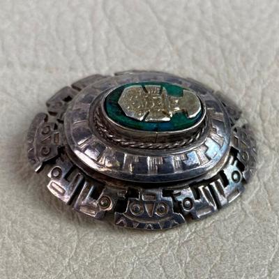 STERLING SILVER & TURQUOISE MESOAMERICAN STYLE PENDANT BROOCH