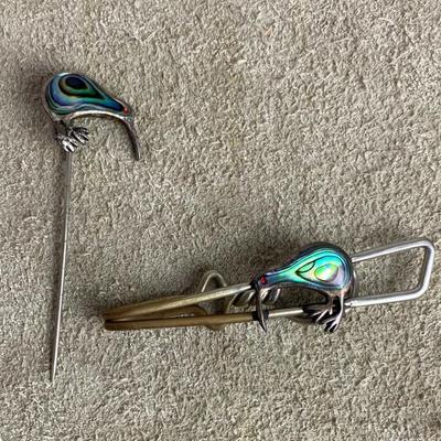 vintage STERLING SILVER & MOP KIWI STICK PIN & TIE CLIP pair 