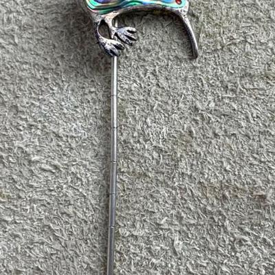 vintage STERLING SILVER & MOP KIWI STICK PIN & TIE CLIP pair 