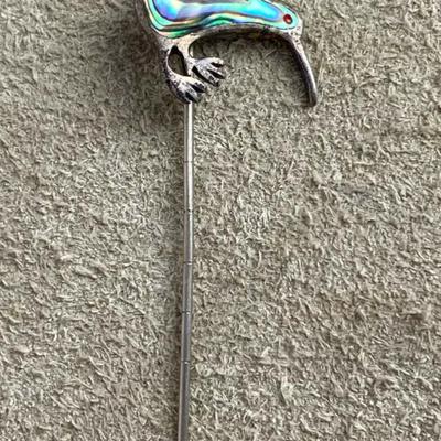 vintage STERLING SILVER & MOP KIWI STICK PIN & TIE CLIP pair 