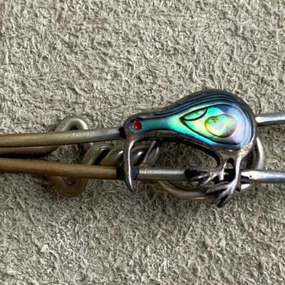 vintage STERLING SILVER & MOP KIWI STICK PIN & TIE CLIP pair 